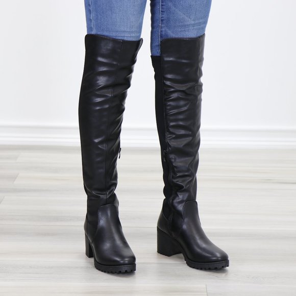 Black Over The Knee Boot Chunky Lug Heel Faux Dual Leather And Stretchy Material - Picture 4 of 15